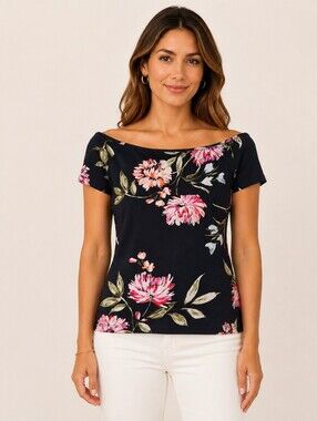 Dynamite Floral Off The Shoulder Short Sleeve Top Medium Navy Blue Coquette